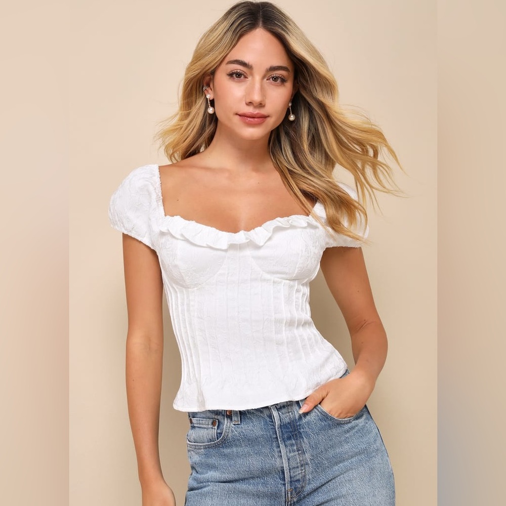 Sweet Poise White Ivory Floral Jacquard Lace-Up Puff Sleeve Top XXL NEW NWT